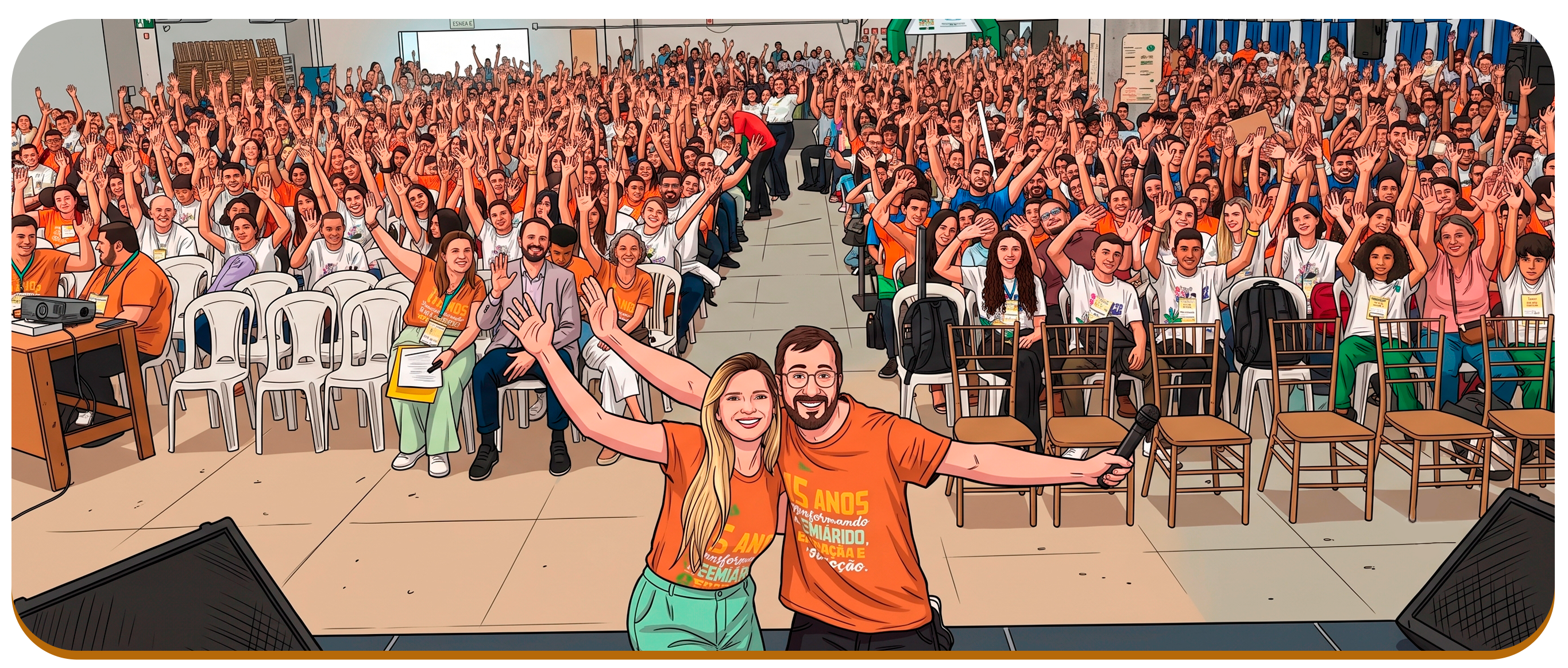 Ilustração da coordenação no palco diante da plateia da Feira de Ciências